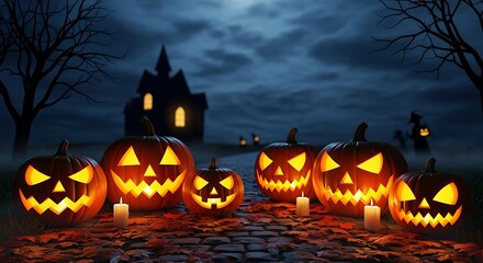 Jack-o'-lanterns line a path to a spooky house on Halloween night.
