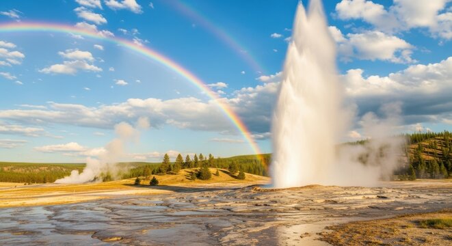 Old faithful geyser erupts under a rainbow in yellowstone national park