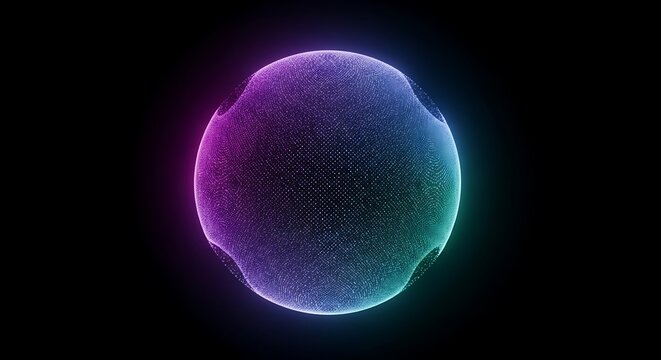 Abstract glowing sphere with colorful neon light effect, representing futuristic technology, data visualization, and digital art in a dark background