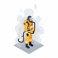 Isometric Detailed Firefighter Wearing Protective Gear in Smoky Environment Illustration