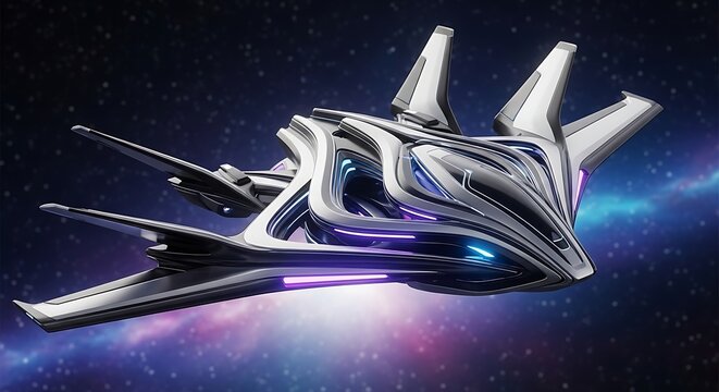 Futuristic silver and purple alien spacecraft flying through deep space with nebulae.