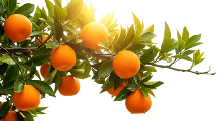 Ripe Oranges, Hanging on a Branch with Green Leaves, cutout, PNG isolated on white or transparent background
