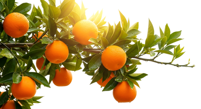 Ripe Oranges, Hanging on a Branch with Green Leaves, cutout, PNG isolated on white or transparent background