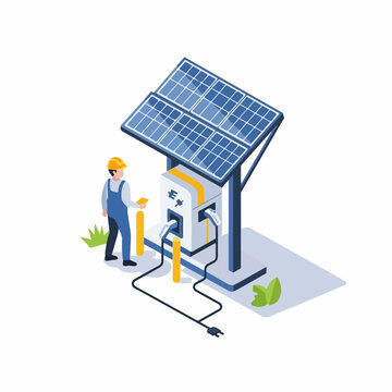 Isometric Illustration of Electric Charging Station for Cars with Solar Panel