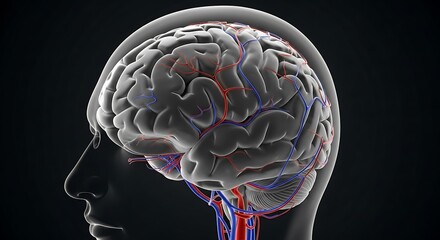 Close-up anatomical illustration of a human brain with visible blood vessels.