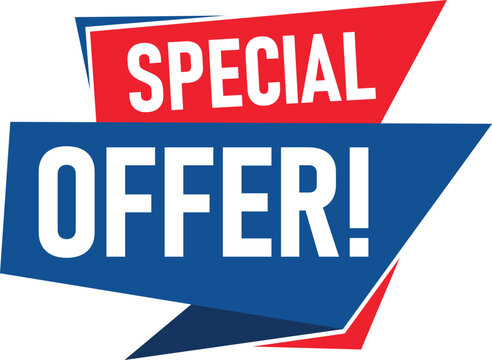 Bold red and blue banner with the words special offer in white text announcing a limited time sale or promotion