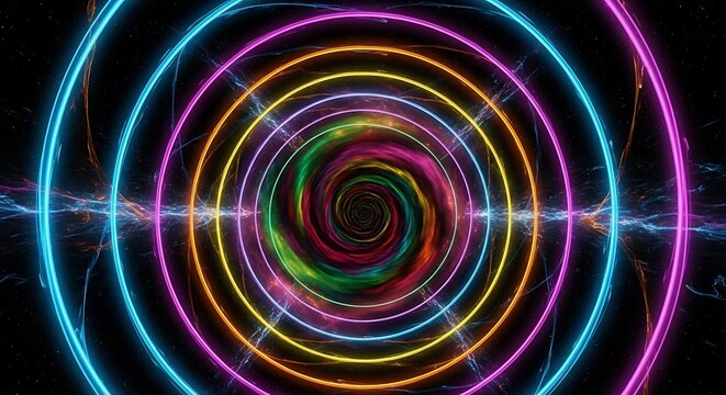 Colorful concentric circles with a swirling center on a black background.