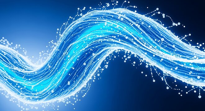 A mesmerizing 3d render showcases a vibrant blue wave, adorned with shimmering particles, gracefully flowing against a dark backdrop, creating a captivating visual effect