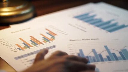 Closeup of a persons hands analyzing business charts and graphs on paper using a pen to point at data indicating financial review and strategic planning in a professional setting. - Powered by Adobe