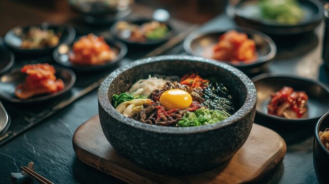 Traditional bibimbap in hot stone bowl with fried egg and colorful vegetables served with kimchi banchan on wooden table
