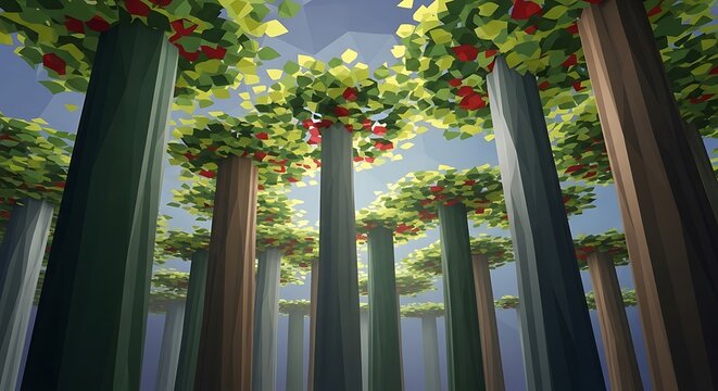 A low-angle view looking up through a forest of stylized, polygonal trees with red fruit.