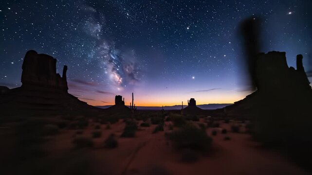 Desert landscape with starry night sky, silhouetted figures amidst arid terrain, capturing limitless possibilities for corporate team building or travel marketing campaigns.