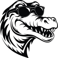 A cool alligator head wears sunglasses, displaying its teeth in monochrome shades