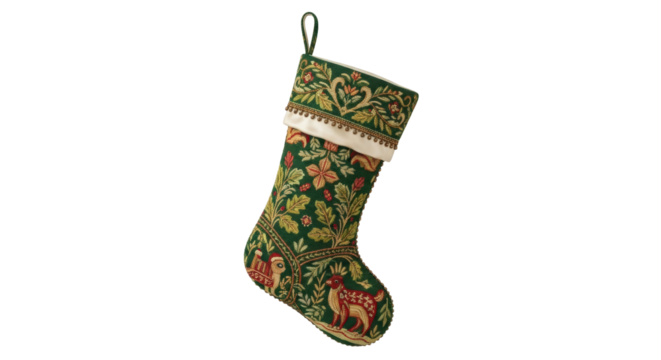 Isolated vintage-style holiday stocking with intricate embroidery pattern for Christmas gift giving
