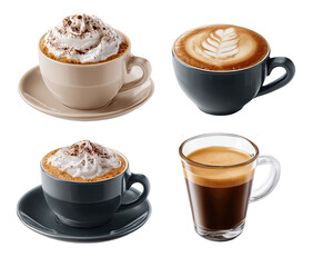 Four coffee drinks in cups, showcasing variety.  Two lattes, one with a latte art design, and two cappuccinos,  one with whipped cream. One espresso is also pictured