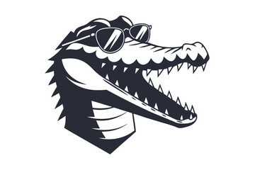 A cool crocodile head with open mouth is wearing sunglasses on a white background