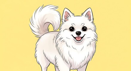 A small, fluffy white dog with a happy expression stands against a yellow background.