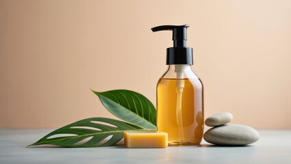 Natural spa products with liquid soap and green leaves
