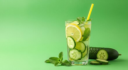 A refreshing glass of cucumber lemon water with mint and a straw.