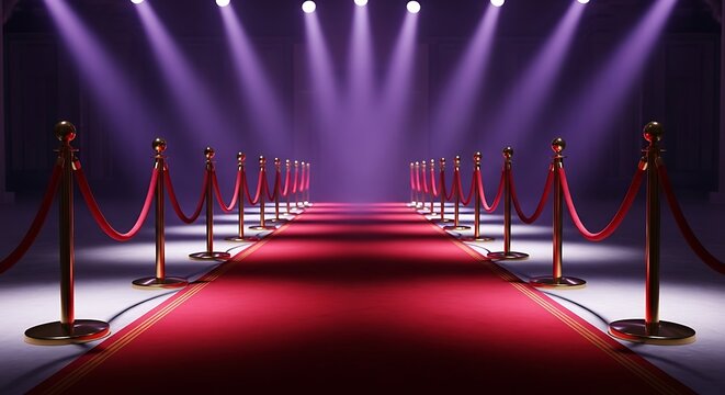 Empty red carpet event entrance with spotlights and velvet ropes - Powered by Adobe