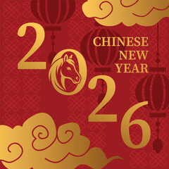 Elegant Chinese New Year 2026 greeting card featuring a golden horse symbol, traditional lanterns, decorative clouds and a festive red pattern.