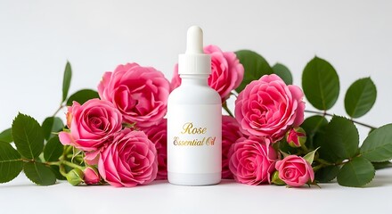 A bottle of rose essential oil sits among fresh pink roses and green leaves.