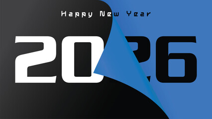 Isolated a kind of Happy New Year 2026 with bold white and black numbers on a blue background