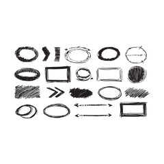 Hand-Drawn Scribble Circles and Shapes Set. Sketch Arrow, Frame, and Marker Doodle Vector.
