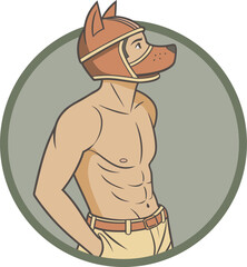 Gay pup 60s. Young guy in puppy mask with naked chest (round doggy vector for print)