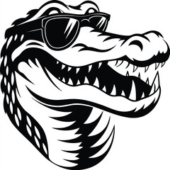 Black alligator with sunglasses shows its sharp teeth in a simple head shot