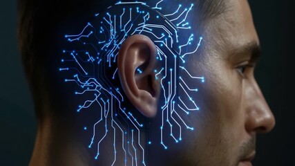 Human ear digital circuit glowing blue side view profile technology innovation showcasing futuristic connection integration electronic network cybernetic communication design - Powered by Adobe