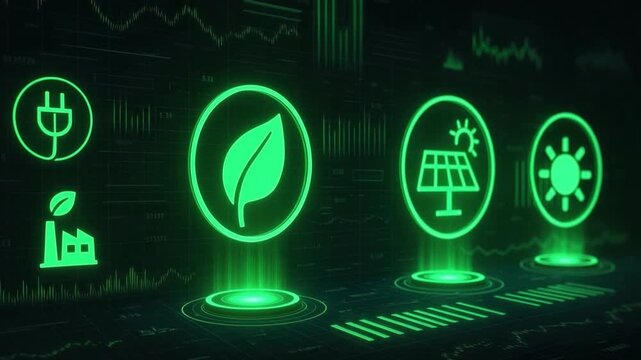 Green energy with renewable power symbols featuring digital interface, leaf icon, solar panel, electric plug, sun symbol, and futuristic technology concept glowing on dark background