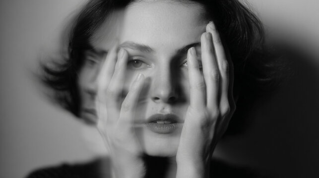 Double exposure black and white psychological portrait.