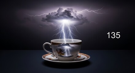 A lightning strike hits a teacup in a dramatic storm.