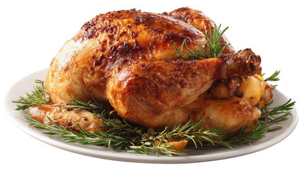 Roasted whole chicken on a white plate, garnished with fresh rosemary