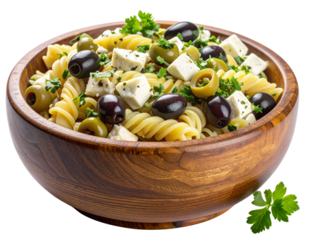 A side-view image of a rustic wooden bowl filled with pasta salad tossed with green a