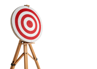 Classic red and white target mounted on wooden tripod stand isolated on a transparent background.