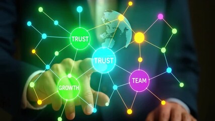 Business network with trust, growth, and team connected by glowing nodes and globe, symbolizing collaboration, partnership, and digital connection for global business success and teamwork development - Powered by Adobe