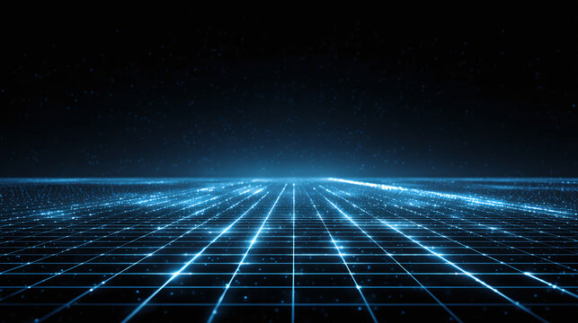 A futuristic digital landscape with a glowing grid and a dark background, evoking a sense of technology and data