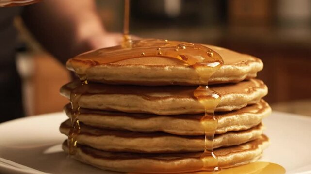 A tall stack of fluffy pancakes being drizzled with golden syrup.
