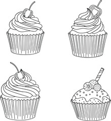 Four hand drawn line art illustrations of delicious cupcakes with cherry toppings