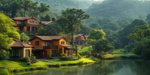 Charming Rustic Houses Nestled by a Serene Lake in a Lush Green Landscape During Early Morning Light