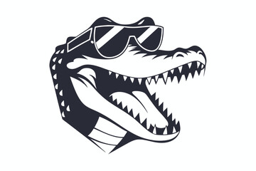 Fototapeta premium Crocodile portrait with sunglasses showing teeth and open mouth against a bright background
