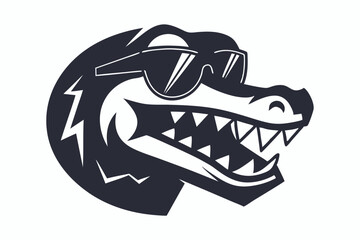 Crocodile face shows triangular teeth and wears glasses in dark outline on a white background