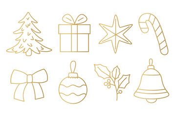 set of golden christmas icons: present, tree, star, bauble, candy cane, holly berry, bow, bell and star - vector illustration