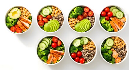 Seven clean eating bowls arranged on a bright surface, featuring chicken, salmon, quinoa, chickpeas, cucumbers, tomatoes, broccoli, and avocado for healthy meal prep and balanced nutrition.