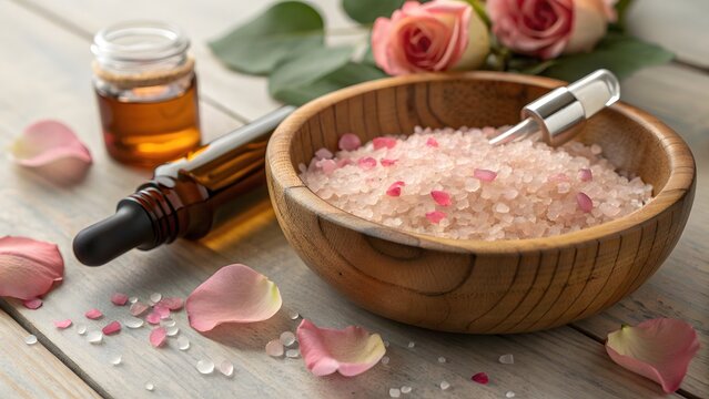 Luxurious rose infused bath salts and essential oil in a wooden bowl with rose petals and flowers for spa relaxation