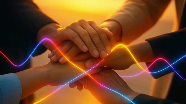 Teamwork collaboration unity connection partnership trust cooperation hands together concept with colorful glowing light wave effect warm sunset tone background for partnership