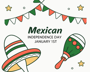Festive Mexican Independence Day Illustration with Sombrero Maraca Bunting and Stars on January 1st