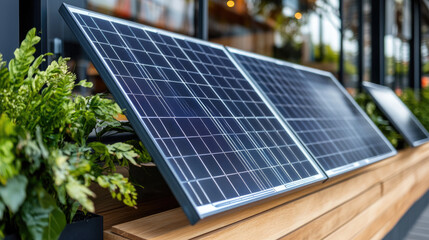 modern hardware store with solar panels display and renewable energy products for construction, eco friendly building concept with copy space